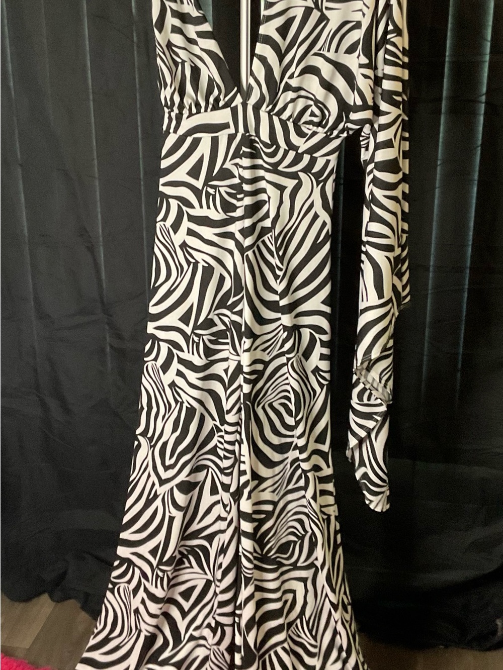 Black & White Zebra-Print Long-Sleeve Jumpsuit